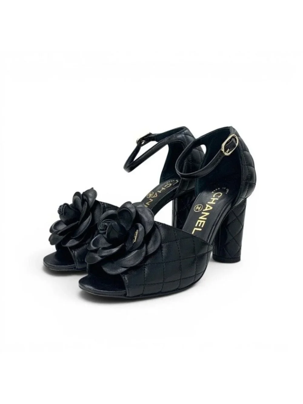 Chanel Sandals Shoes Leather Black CC Logo Camellia Quilted Strap